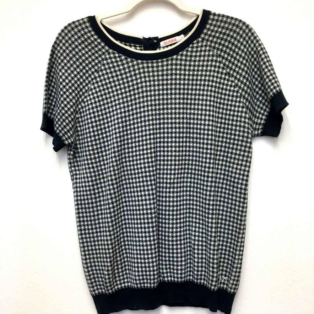 SUN68 Short Sleeve Gingham Knit Sweater XL Black Stretch Casual Office